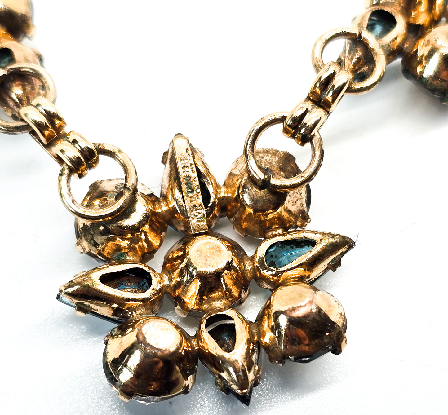 Art Deco Gold Filled aqua blue and white open work rhinestone vintage necklace