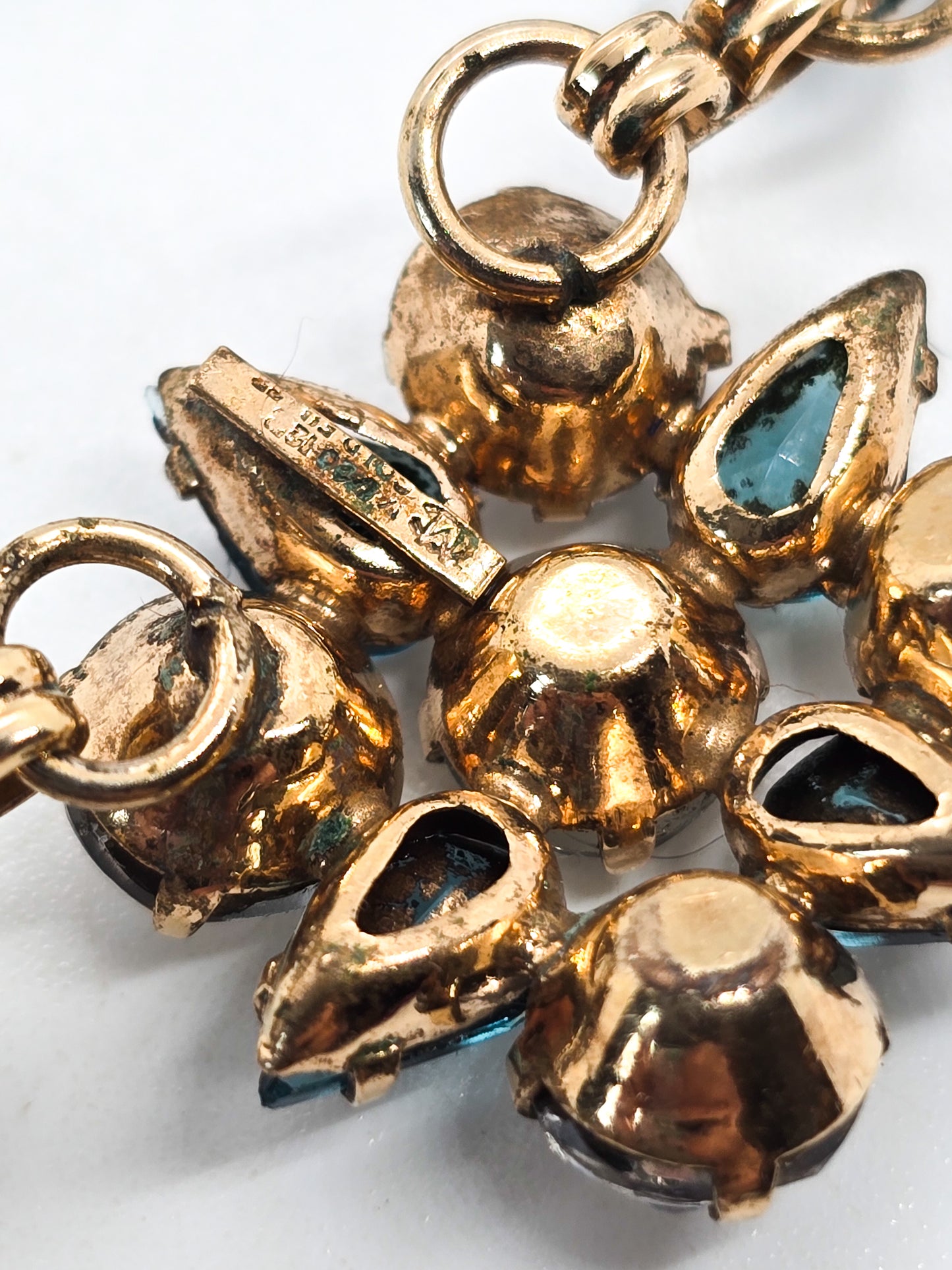 Art Deco Gold Filled aqua blue and white open work rhinestone vintage necklace