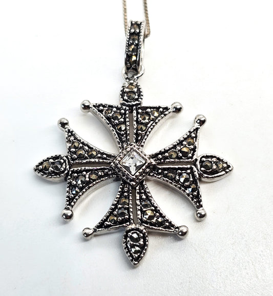 Maltese cross marcasite and rhinestone silver plated necklace