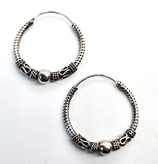 Tribal Bali style thick beaded hoop earrings vintage sterling silver hoops NF