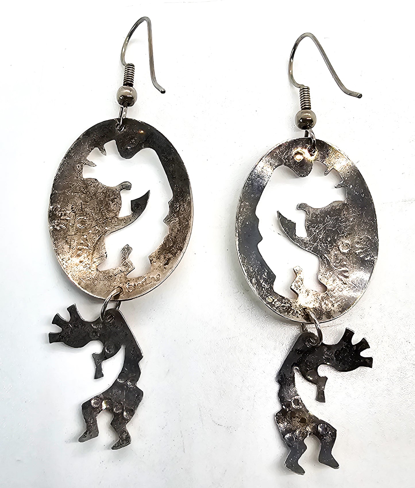 Kokopelli cut out concho stamped vintage sterling silver Native American Earrings