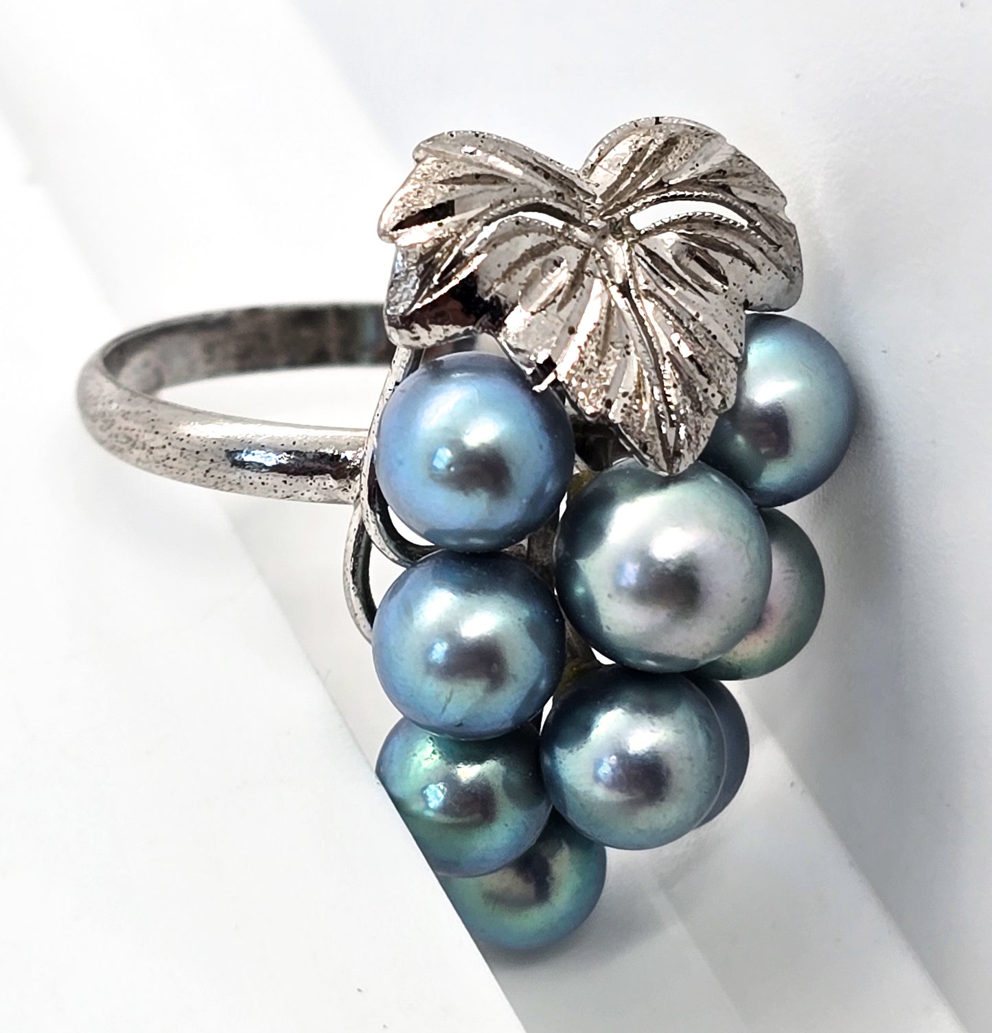 Blue Akoya Pearl grape cluster sterling silver vintage ring size 6 and 1/2 Mid century