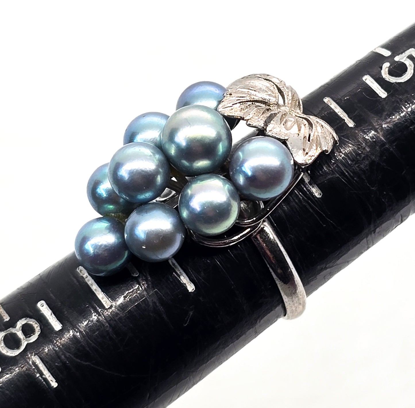 Blue Akoya Pearl grape cluster sterling silver vintage ring size 6 and 1/2 Mid century