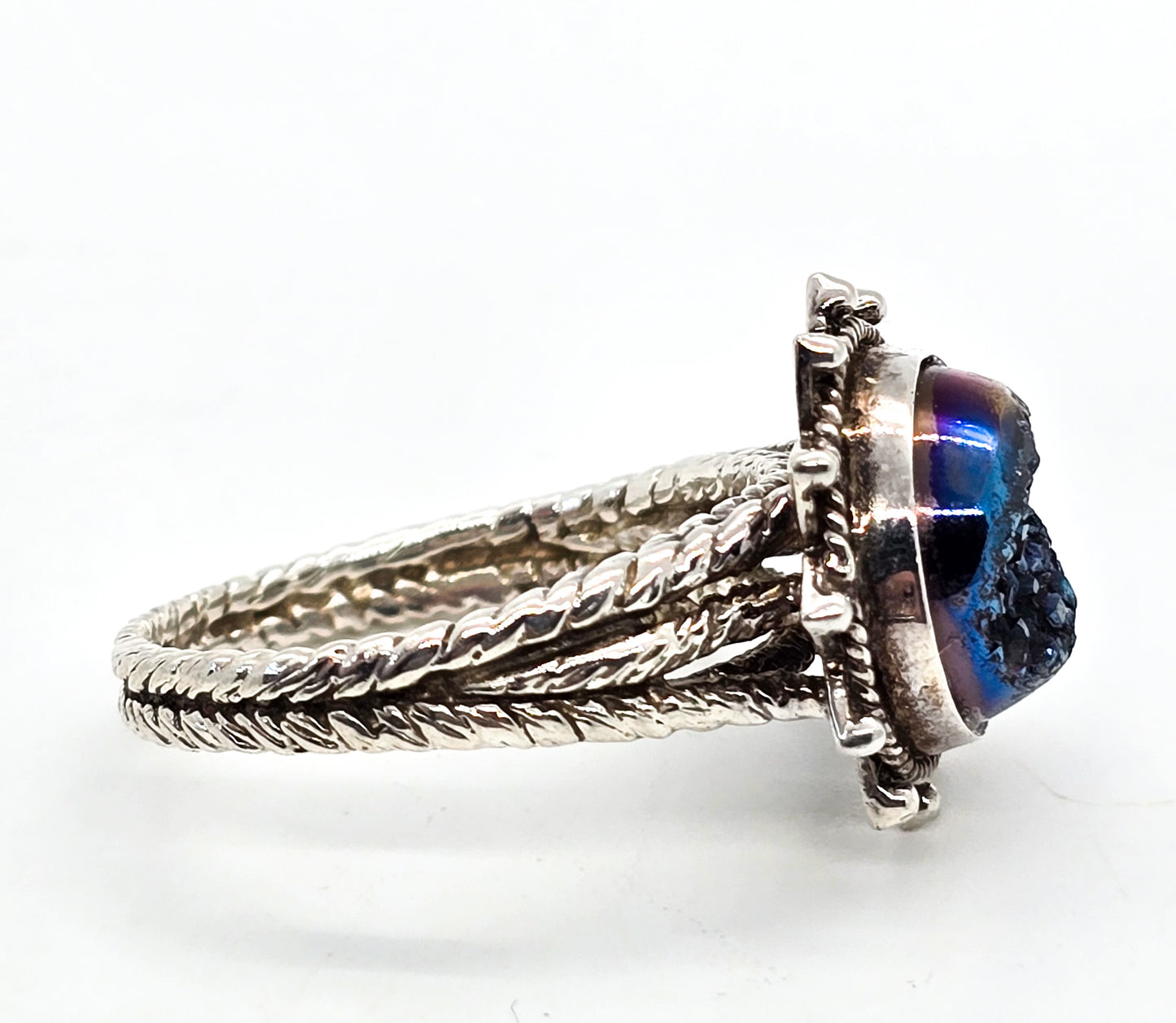 Blue titanium Druzy quartz gemstone PJC sterling silver split shank ring size 10