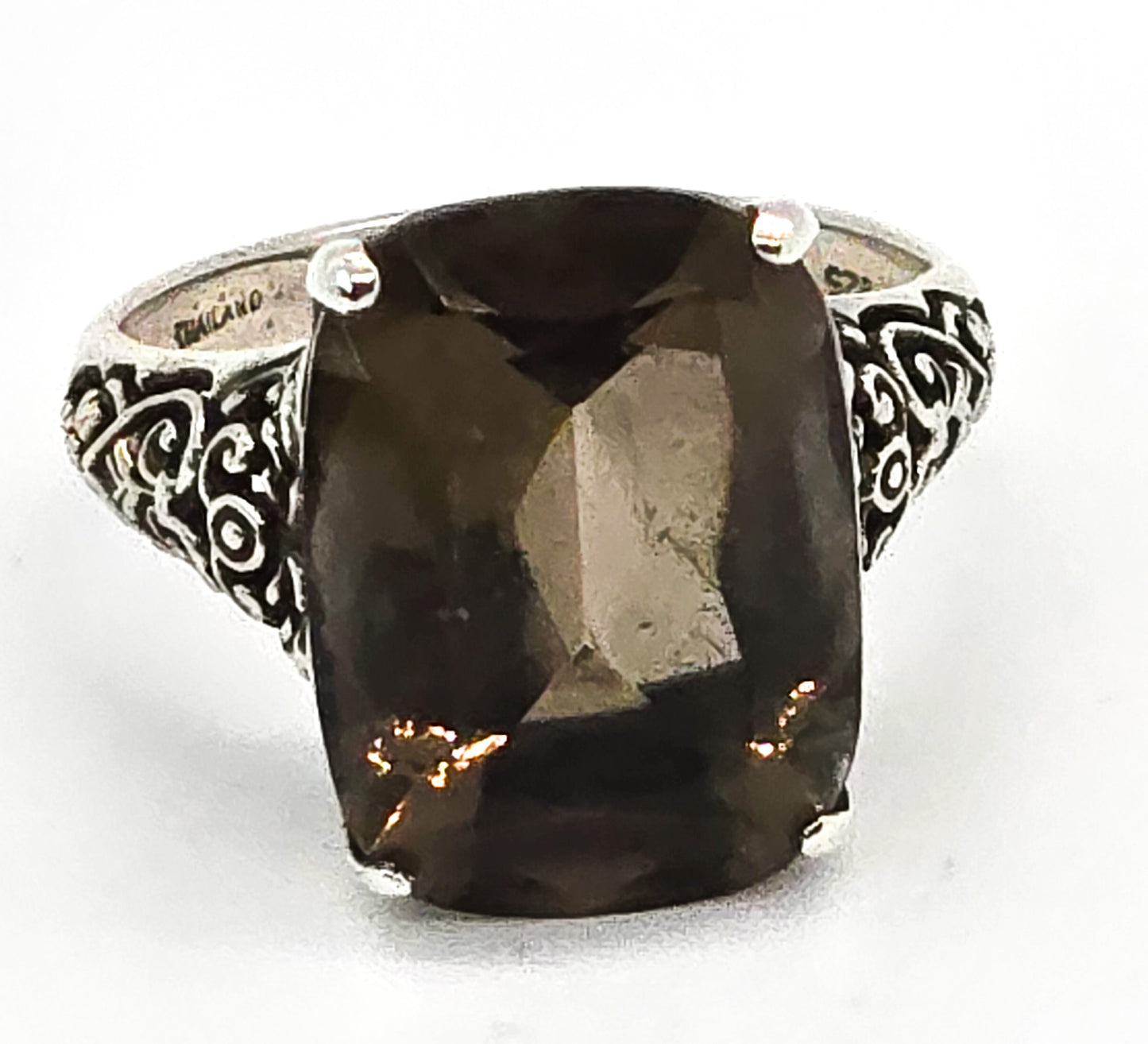 Smokey Quartz large CNA vintage open work filigree sterling silver ring size 7