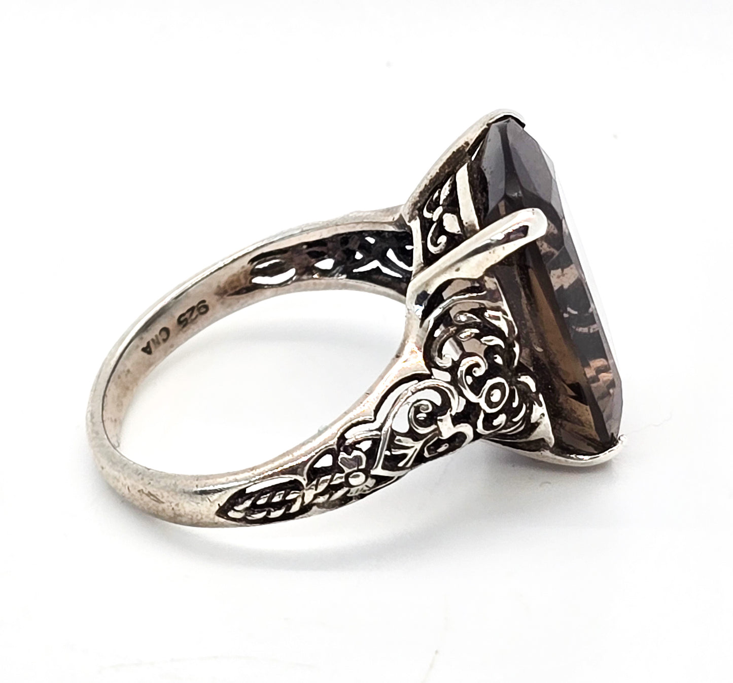 Smokey Quartz large CNA vintage open work filigree sterling silver ring size 7