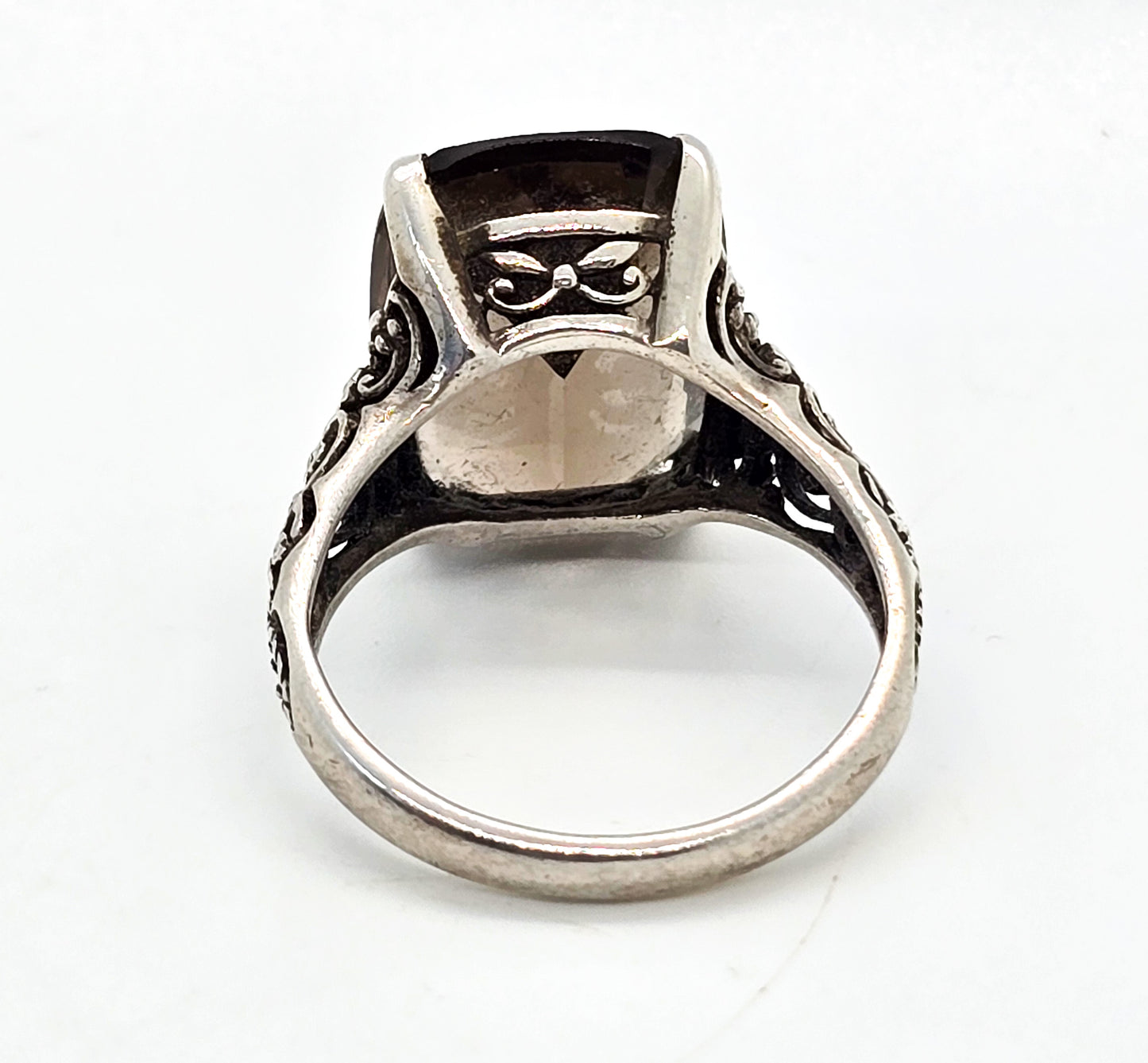 Smokey Quartz large CNA vintage open work filigree sterling silver ring size 7
