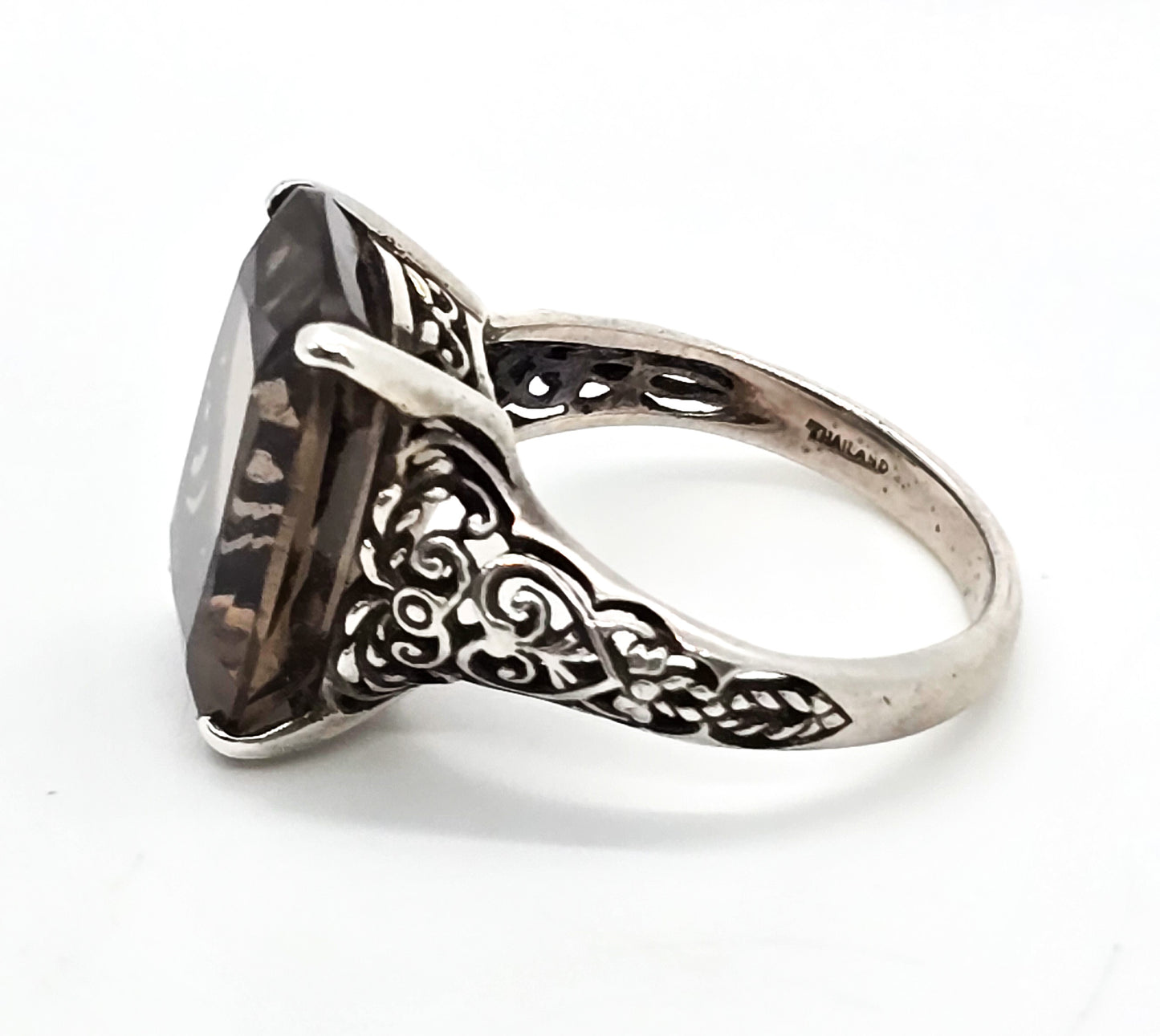 Smokey Quartz large CNA vintage open work filigree sterling silver ring size 7