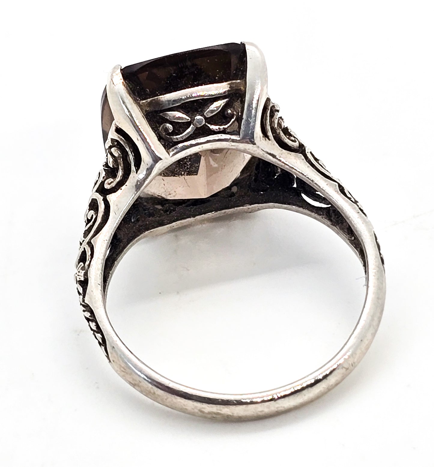 Smokey Quartz large CNA vintage open work filigree sterling silver ring size 7