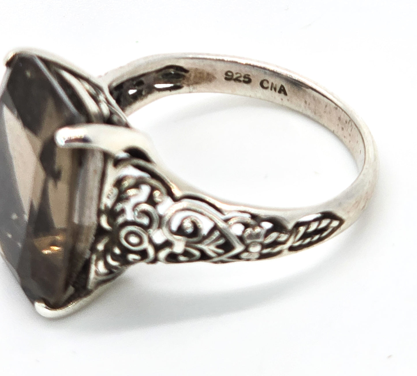 Smokey Quartz large CNA vintage open work filigree sterling silver ring size 7