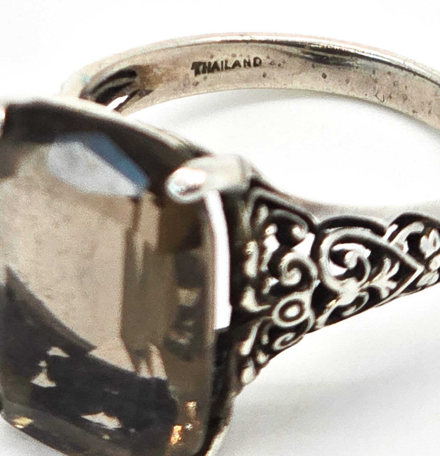 Smokey Quartz large CNA vintage open work filigree sterling silver ring size 7