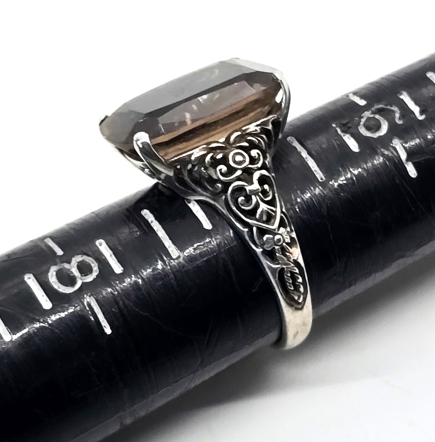 Smokey Quartz large CNA vintage open work filigree sterling silver ring size 7