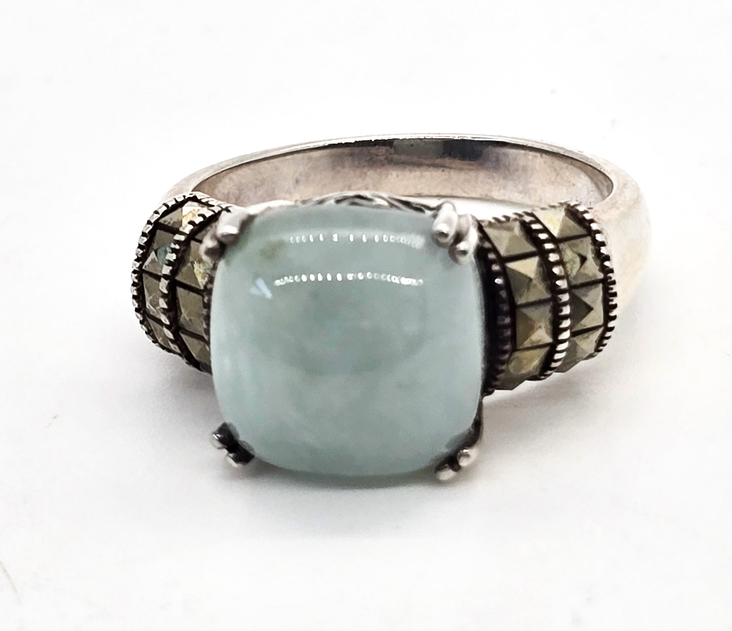 Milky Aquamarine and marcasite heart setting vintage sterling silver ring size 10