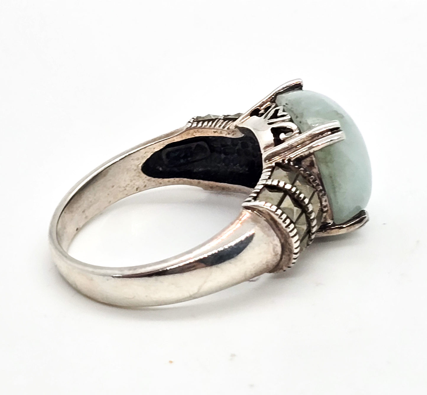 Milky Aquamarine and marcasite heart setting vintage sterling silver ring size 10