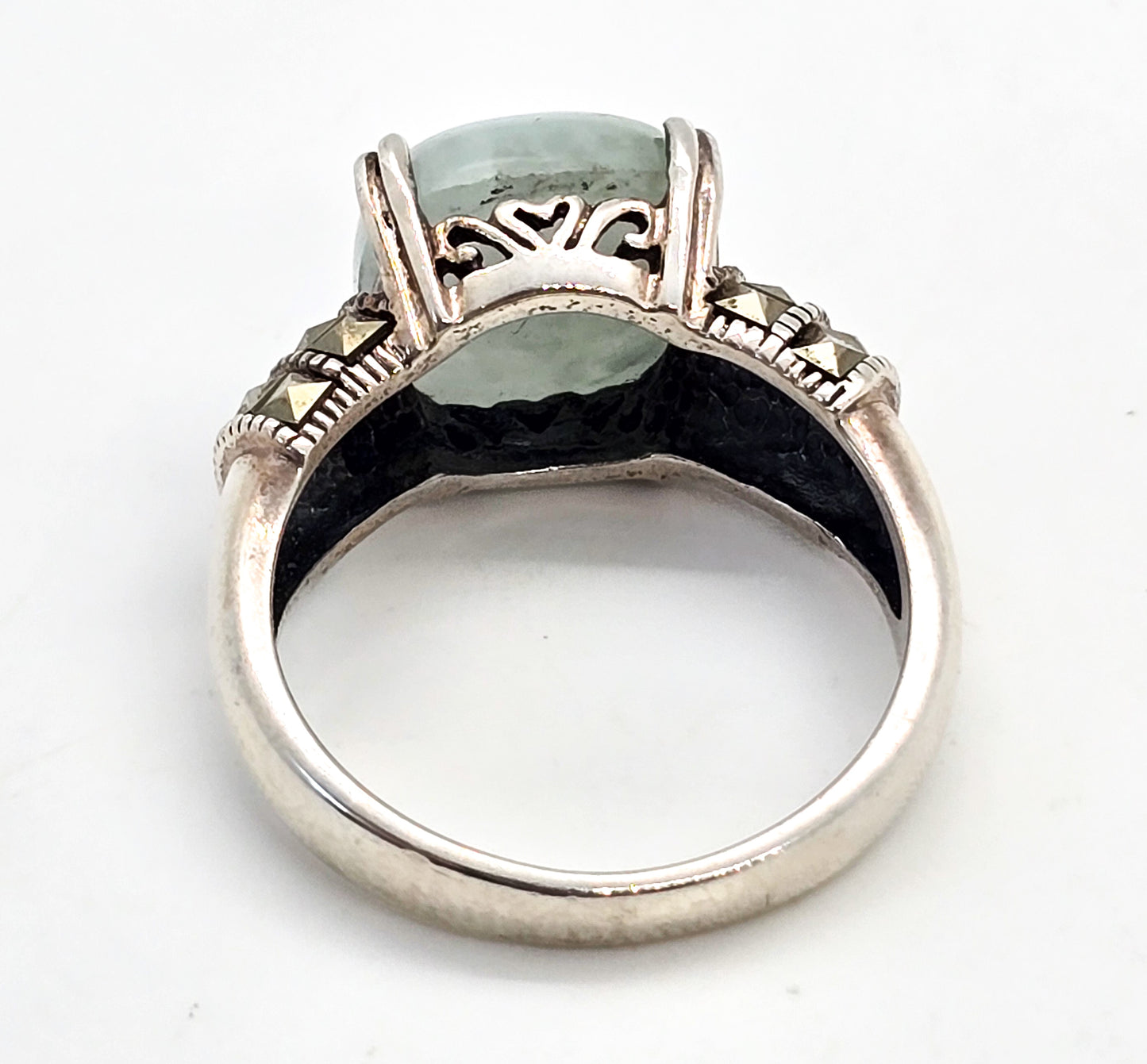 Milky Aquamarine and marcasite  heart setting vintage sterling silver ring size 10