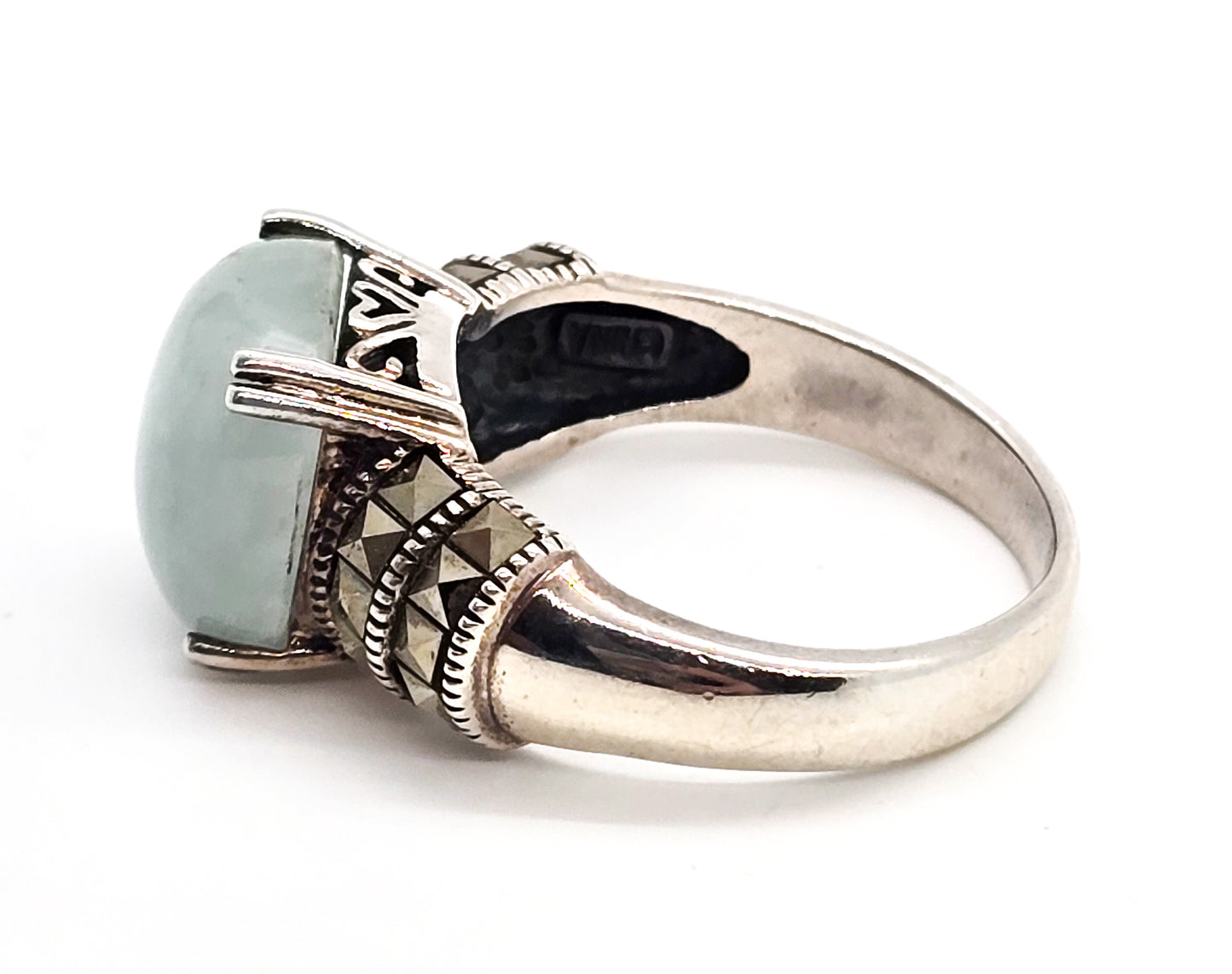 Milky Aquamarine and marcasite heart setting vintage sterling silver ring size 10