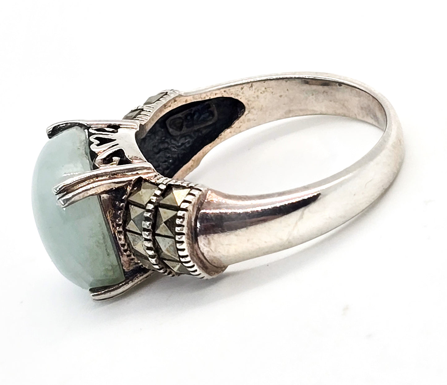 Milky Aquamarine and marcasite heart setting vintage sterling silver ring size 10