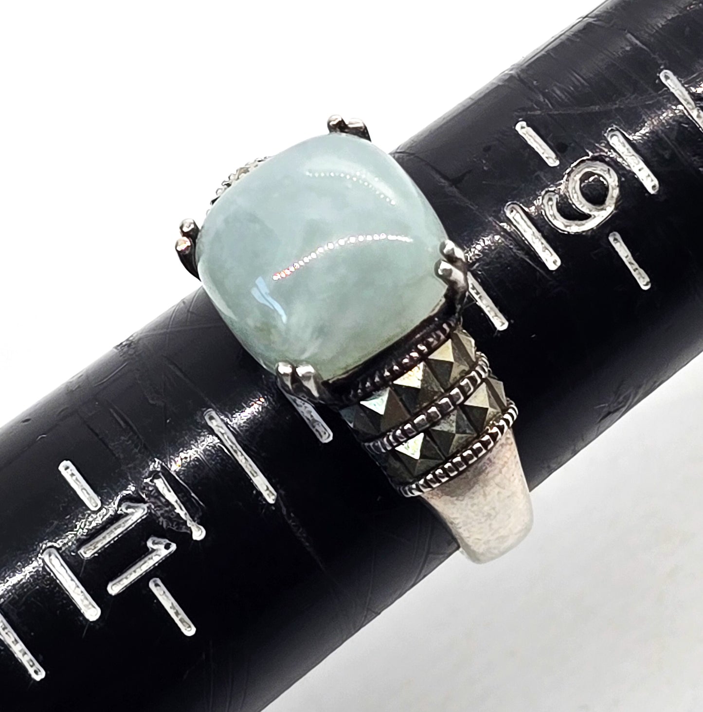 Milky Aquamarine and marcasite  heart setting vintage sterling silver ring size 10