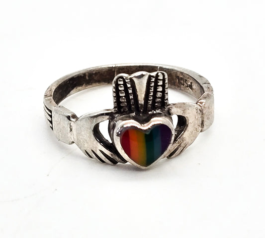 Peter Stone PSCL Rainbow Pride Irish Claddagh sterling silver ring size 6 RETIRED