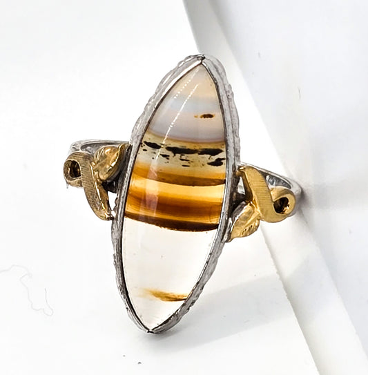 Clark and Coombs Art Deco dendritic Agate antique sterling silver 10k gold filled ring size 7