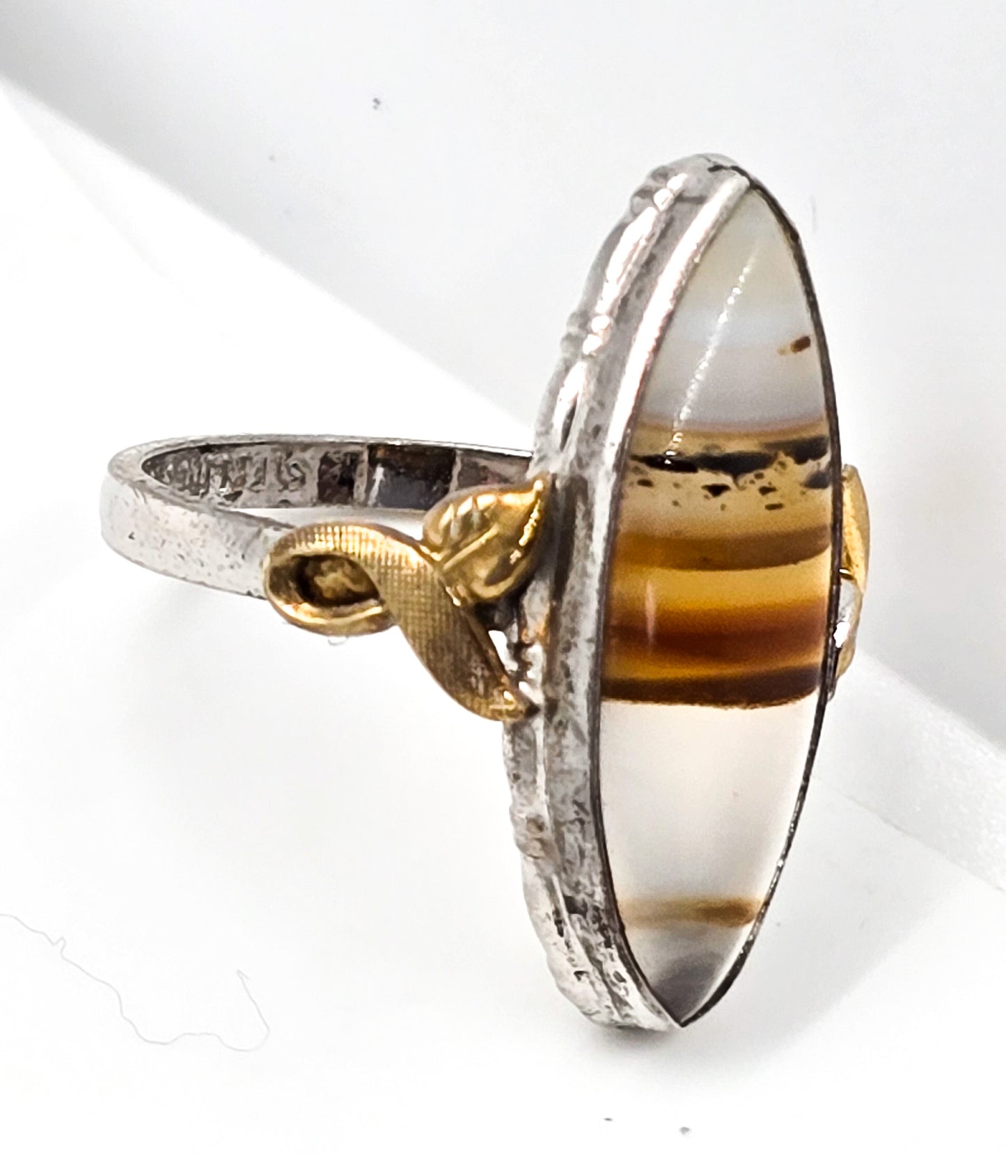 Clark and Coombs Art Deco dendritic Agate antique sterling silver 10k gold filled ring size 7