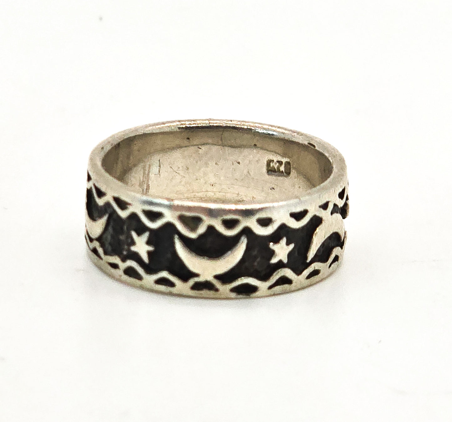 Celestial moon and stars thick sterling silver cigar band vintage ring size 5
