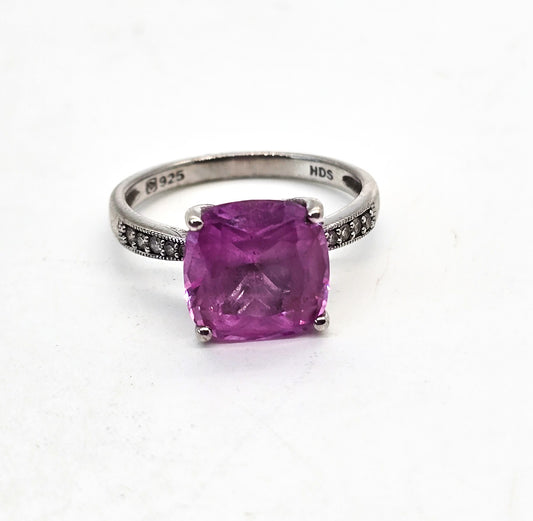 Helzberg jewlers Pink Sapphire 5ct Cushion cut HDS Diamond Sterling Silver ring size 7