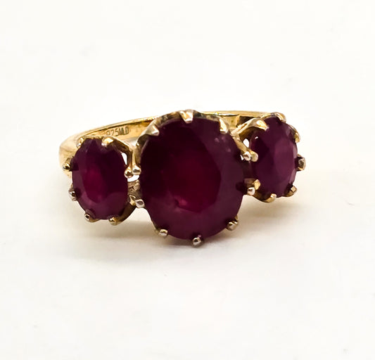 Ruby three stone vermeil gold over sterling silver past present future ring size 9.25