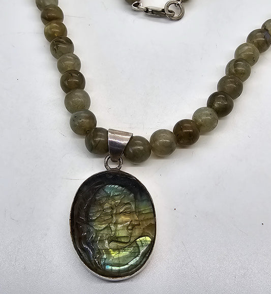Labradorite carved Cameo sterling silver gemstone beaded pendant necklace