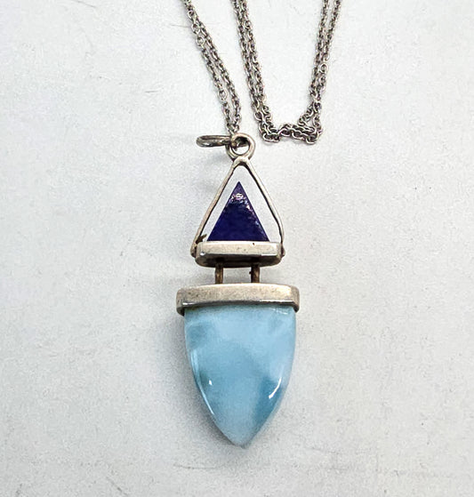 Lapis Lazuli and larimar abstract modernist sterling silver pendant necklace
