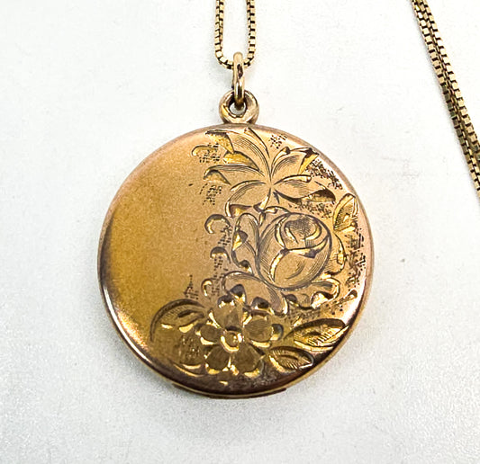 Victorian Locket Atrice RBM 1874 Gold filled etched flower antique locket necklace