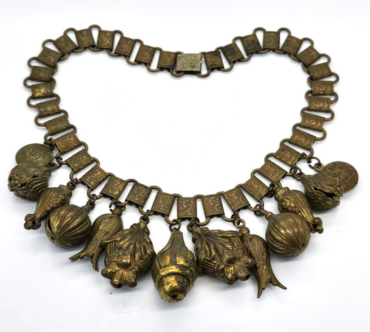 Etruscan Brass long book chain 13 flower holloware charm Edwardian antique necklace