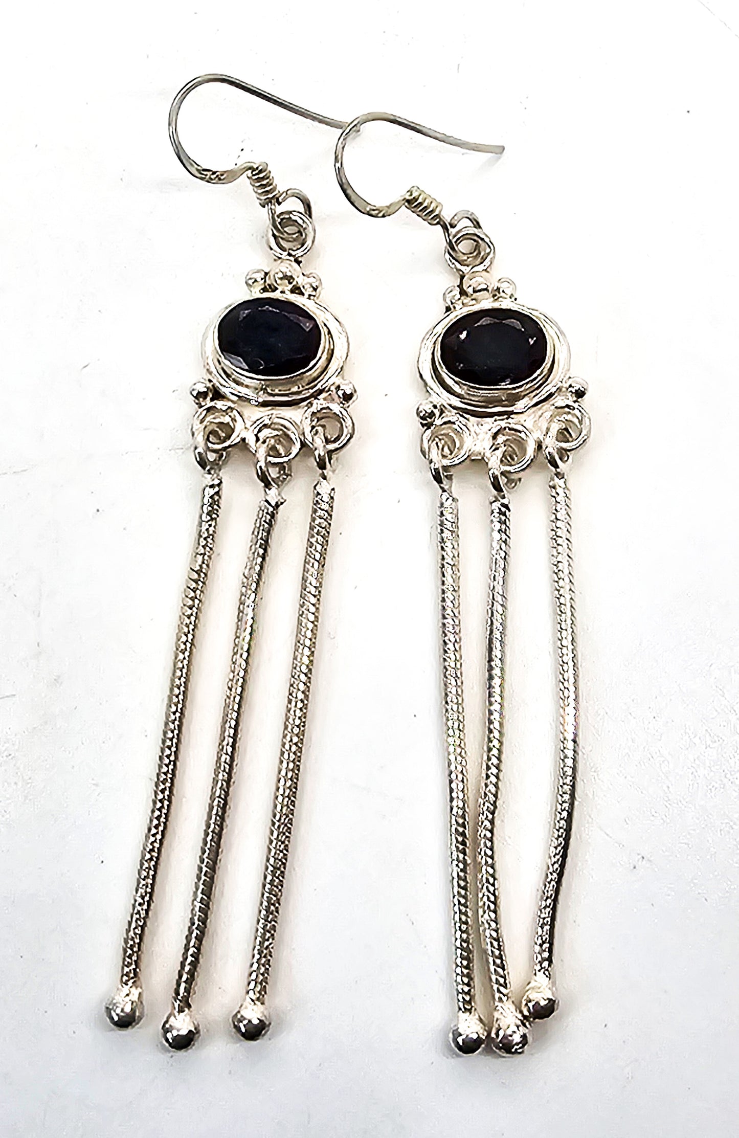Sapphire natural gemstone sterling silver 3 inch drop tassel earrings