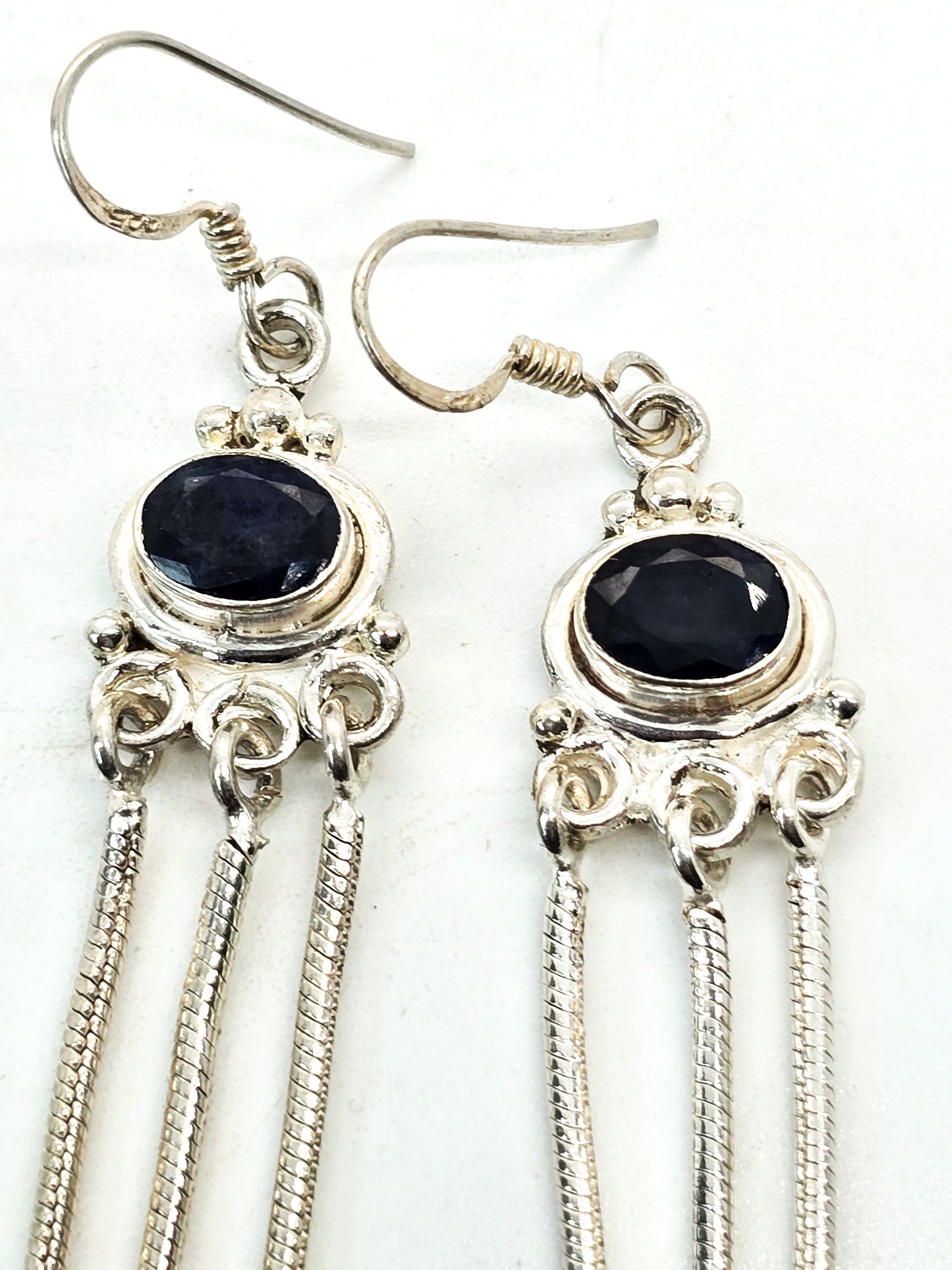 Sapphire natural gemstone sterling silver 3 inch drop tassel earrings