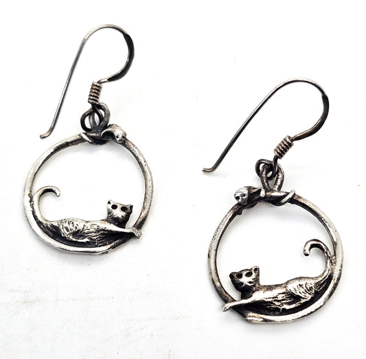 Cat and Mouse vintage kitty hoop drop sterling silver figural earrings