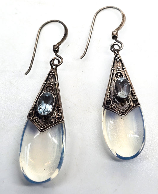 Opalite blue topaz tribal Balinese sterling silver vintage drop earrings