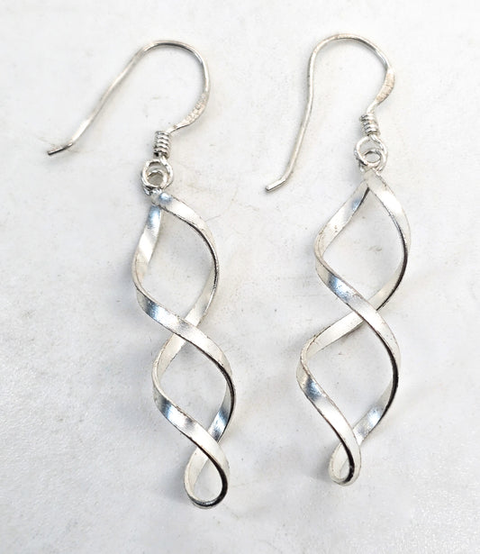 Spiral twist soft brushed sterling silver long drop earrings