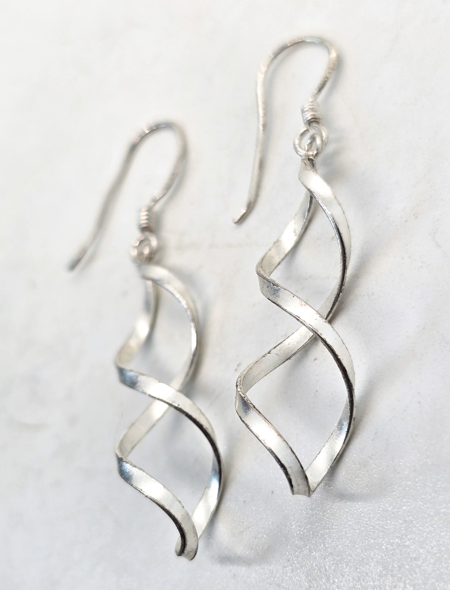 Spiral twist soft brushed sterling silver long drop earrings