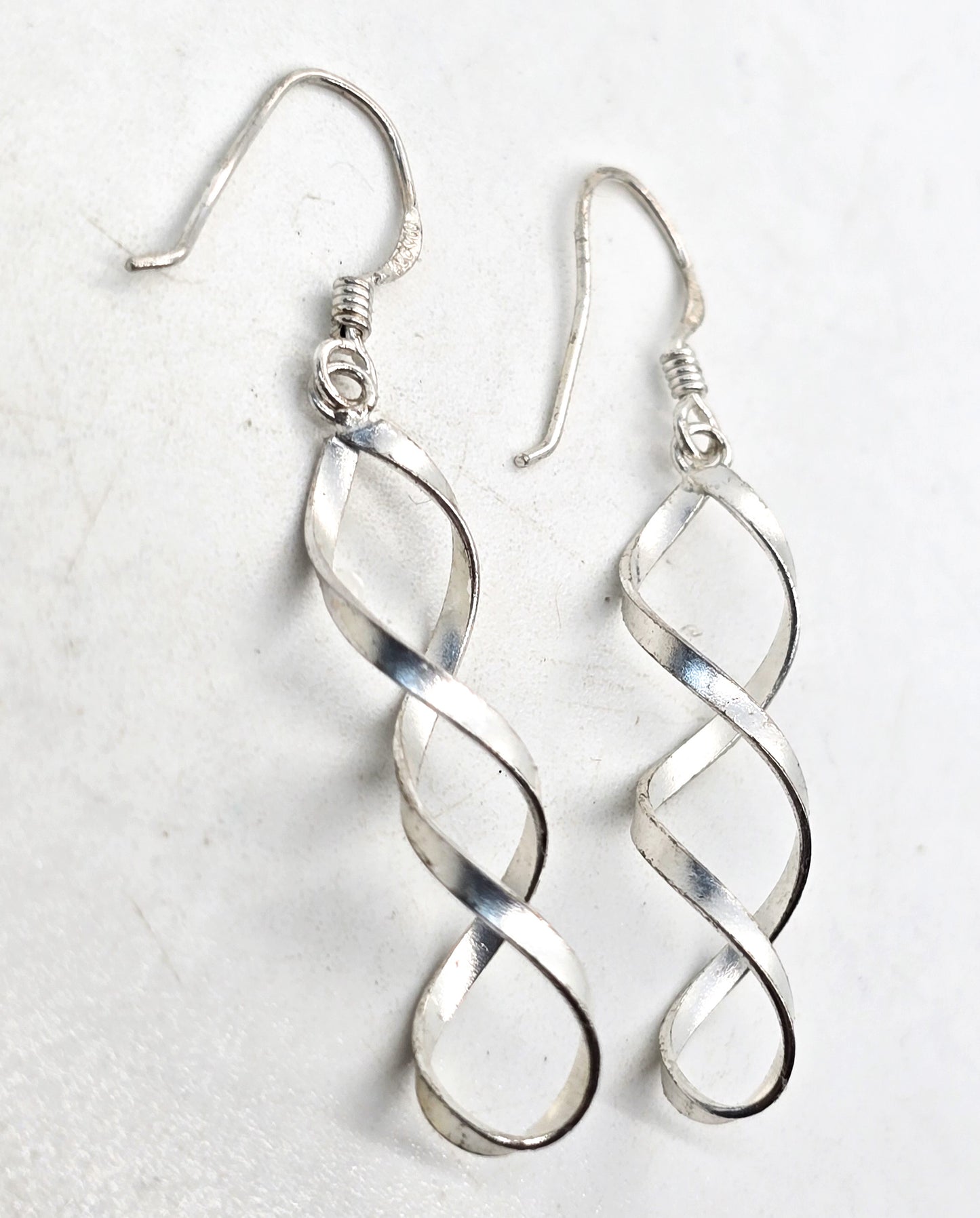 Spiral twist soft brushed sterling silver long drop earrings