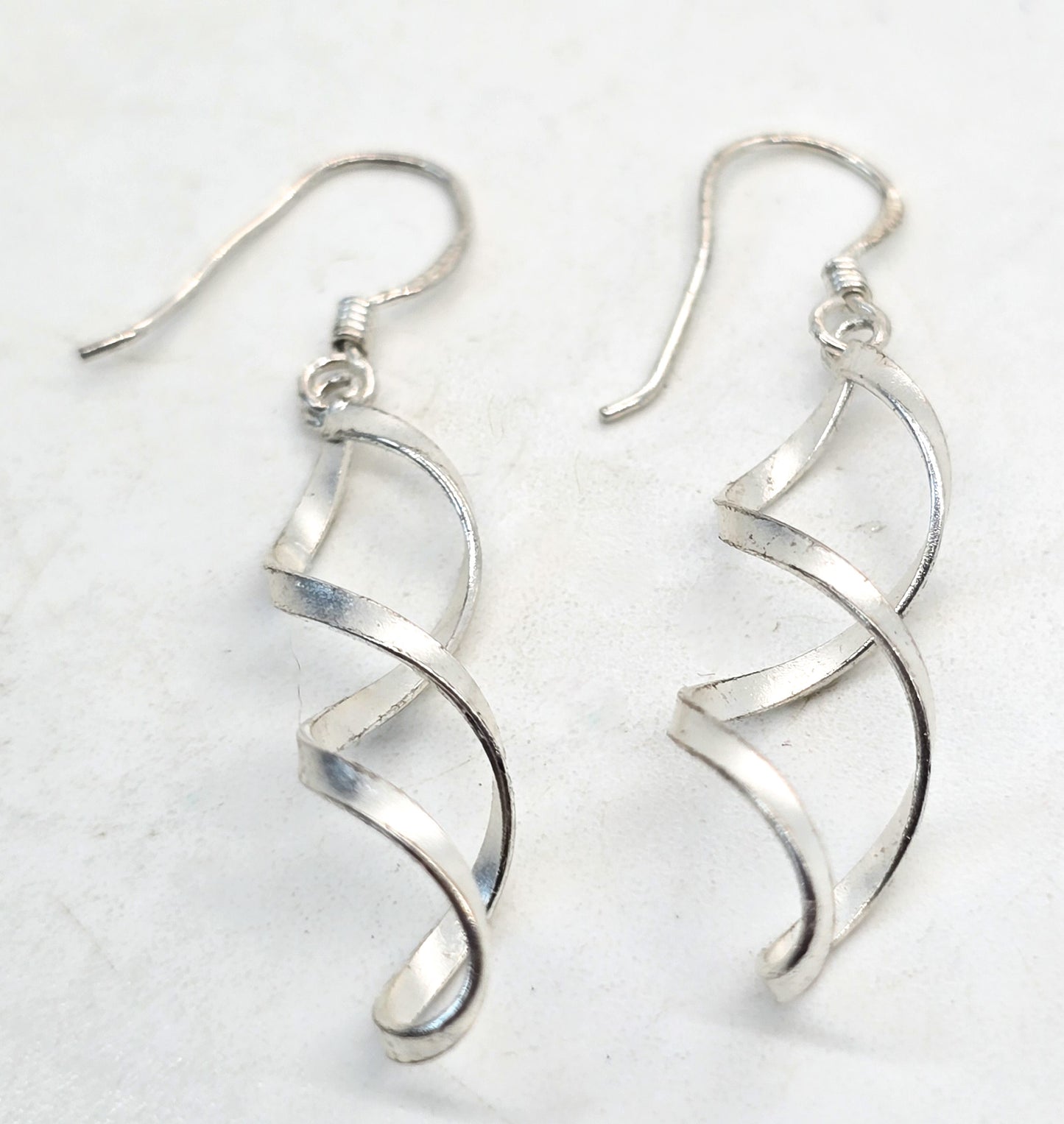 Spiral twist soft brushed sterling silver long drop earrings