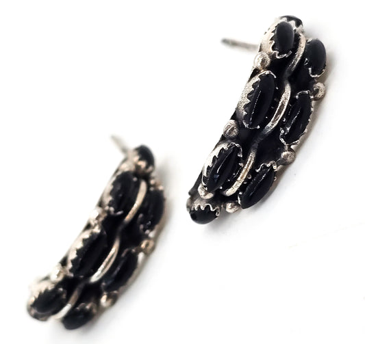 Black Onyx vintage half hoop Native American artisan sterling silver hoop earrings