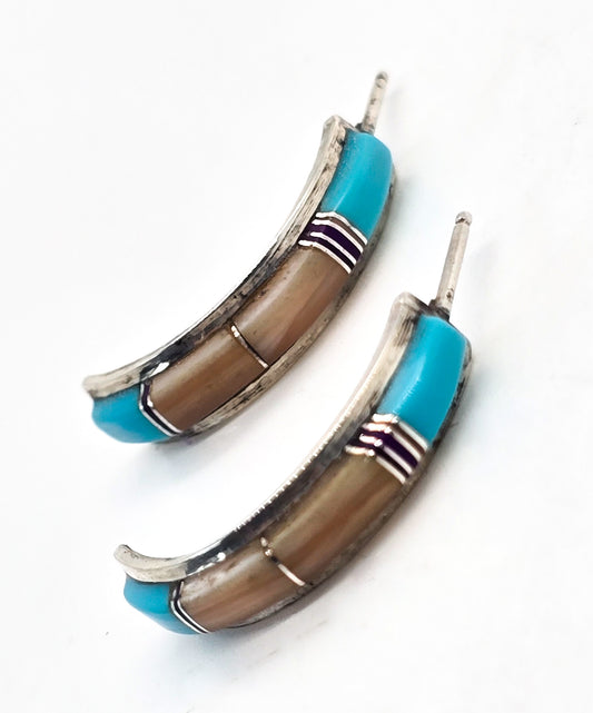 CS Lonjose Zuni Native American turquoise shell inlay vintage sterling silver hoop earrings