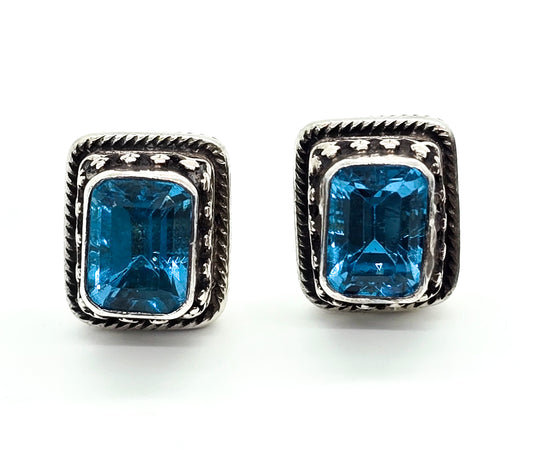 Bright Blue Topaz emerald cut sterling silver elaborate thick set stud vintage earrings