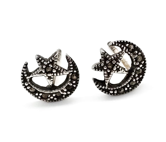 Crescent moon and star marcasite sterling silver vintage stud earrings