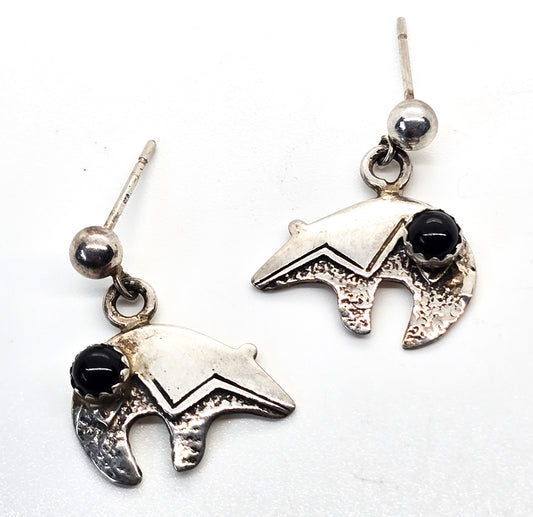 Zuni Bear Vintage Native American Black onyx hammered sterling silver drop earrings