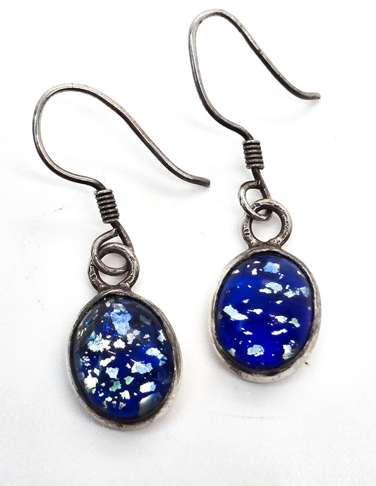 Blue Dichroic Glass vintage drop artisan sterling silver earrings