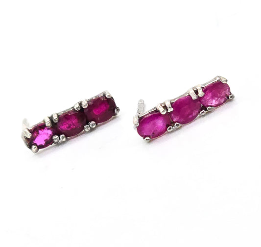 Red Ruby three stone prong set sterling silver post earrings birthstone