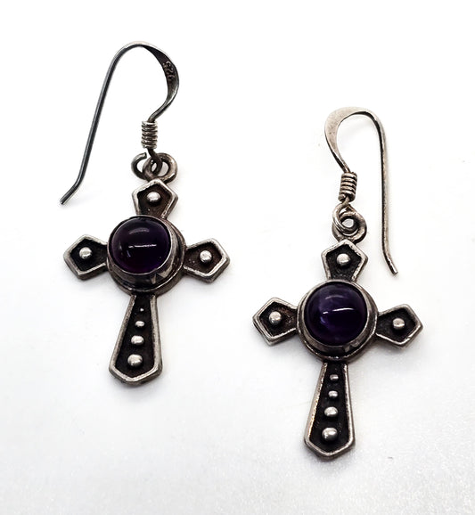 Gothic purple cross amethyst gemstone vintage sterling silver drop earrings