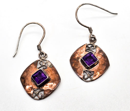 Purple amethyst princess cut hammered sterling silver drop earrings