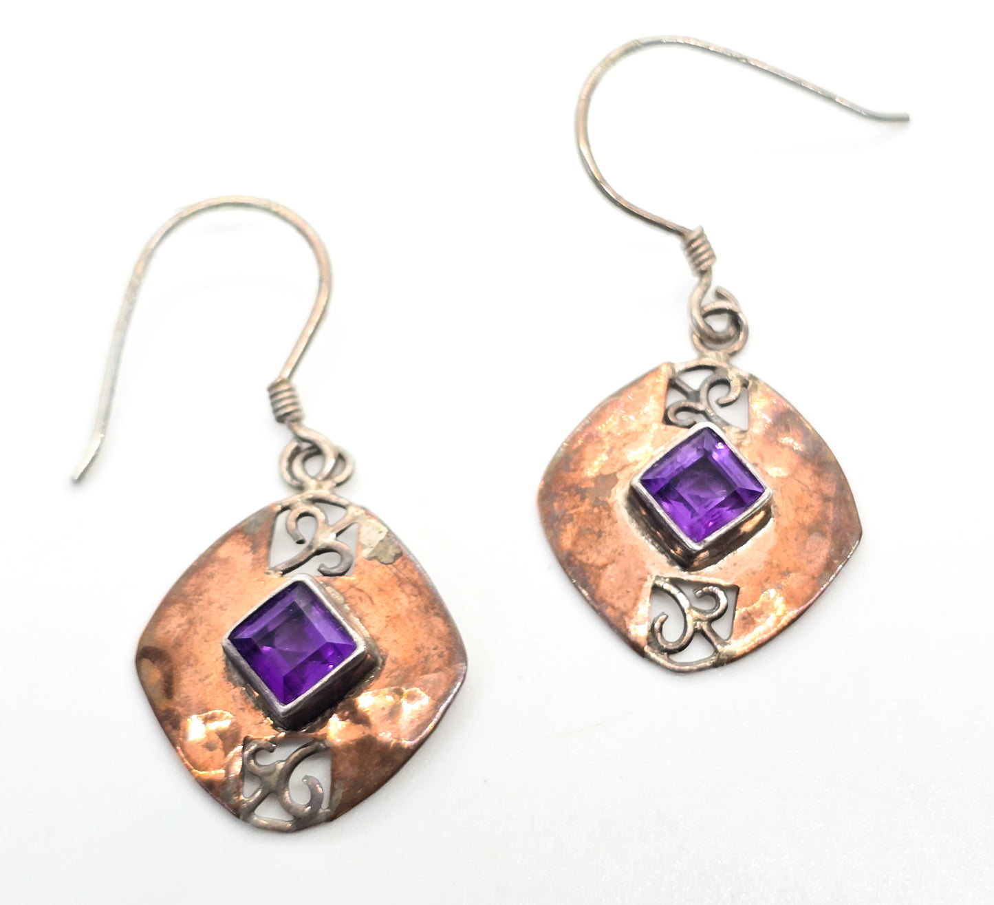 Purple amethyst princess cut hammered sterling silver drop earrings